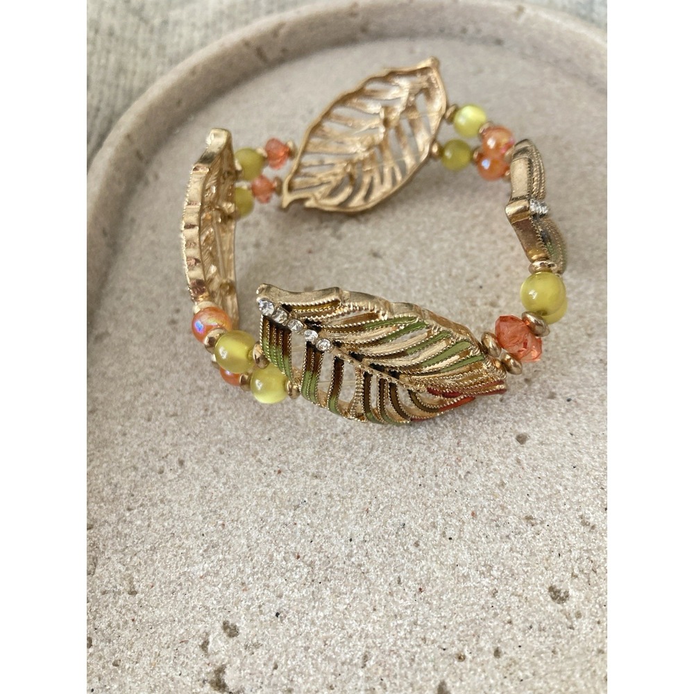 Whimsical Gold Tone Leaf Bracelet Stretch Beaded Rhinestone Accent Autumn Colors